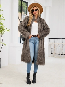 Taupe faux fox fur coat for women, long sleeve winter outerwear with a fluffy texture