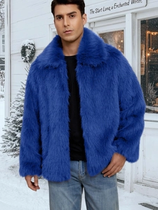 Detail showing the thick blue faux fur texture and lapel of the men's winter jacket