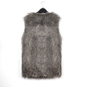 Back view of a long grey faux fur vest for women with a sleeveless fashion design
