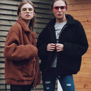 Women's oversized teddy fleece zip jacket with lapel collar in brown and black
