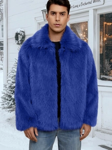 Detail of premium electric blue faux fur texture and wide collar on men winter coat