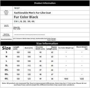 Detailed size chart for men's faux fur coat featuring S to 4XL dimensions and fit guide