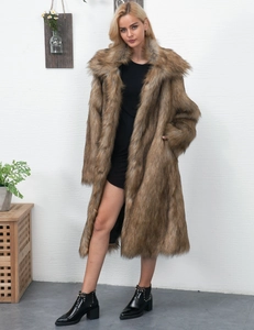 Detail of long faux fur coat with dark brown tiger stripes and wide lapel collar