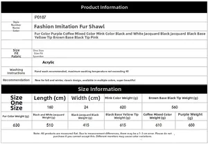 Size chart and technical specifications for the 160cm faux fur bridal shawl wrap