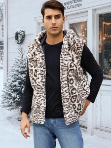 Gilet à Capuche en Fausse Fourrure pour Homme Mode Léopard Imprimé Serpent Veste Sans Manches Chaud Streetwear
