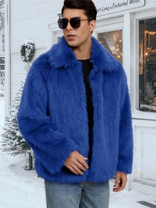 Close-up of blue faux fur men jacket with fluffy texture and lapel collar in snow