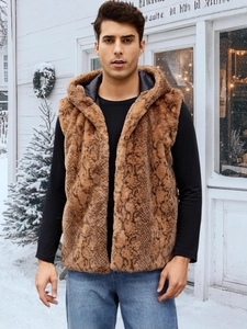 Gilet à capuche en fausse fourrure pour homme avec motif serpent brun pour l'hiver