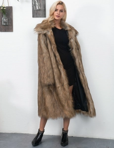 Macro shot of texture on a brown faux fur coat with oversized lapels and plush fiber