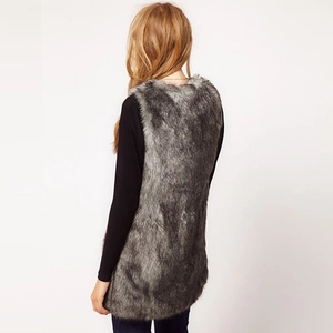 Back view of a long grey faux fur vest for women with a sleeveless mid-length design