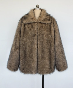 Detailed close-up of faux fur texture on men's winter jacket with fluffy brown and black fibers