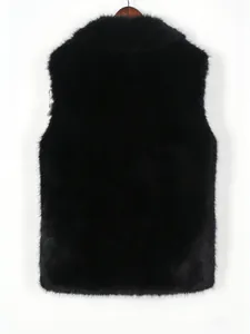 Detail of premium black faux fox fur vest showing thick texture and glossy finish on hanger