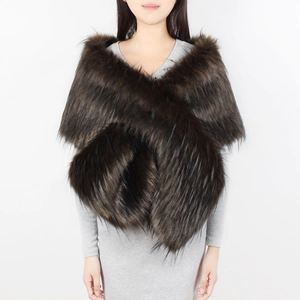 Close-up of brown faux fur wrap shawl with long hair texture and crossed style
