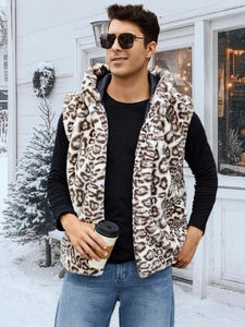 Gilet à capuche en fausse fourrure léopard pour homme avec motif animalier brun pour l'hiver