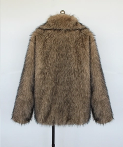 Detail view of the dense dark brown faux fur texture on the back of this men jacket