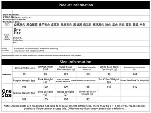 Size chart for faux fur scarf style P0182 with colors and 90cm x 10cm dimensions