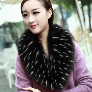 Detail of faux fur scarf collar in dark brown with silver tips on purple sweater