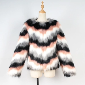 Detail of multi-color V-shaped striped faux fur jacket with black, pink and white patterns