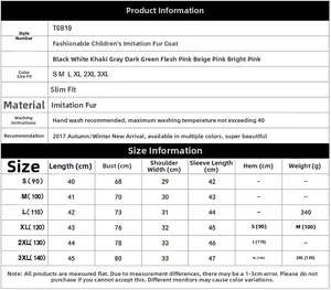 Detailed size chart for kids faux fur coat showing lengths and bust measurements