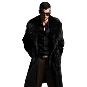 Men's long faux fur coat in black with plush texture and lapel design for winter warmth