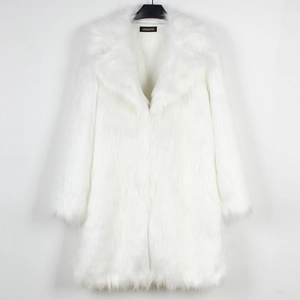 Mens faux fur coat in white with large lapel and soft plush texture long coat