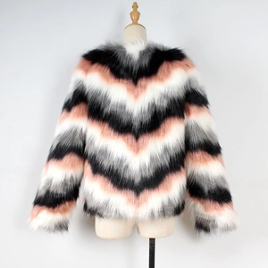 Close-up of multicolored striped faux fur jacket with black, grey, and pink V-pattern