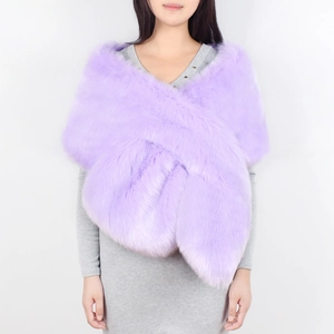 Detail of lavender purple faux fur shawl with plush texture and wrap-around crossover design