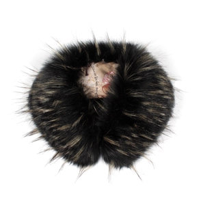 Close-up detail of soft faux fox fur neck warmer with natural brown and black texture
