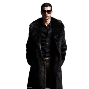Mens luxury long black faux fur coat for winter featuring fluffy texture and waist belt
