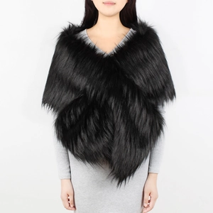 Close-up of black faux fur shawl showing thick texture and cross-wrap V-neck design