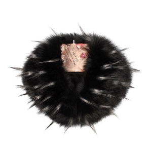 Detail of faux fur collar with champagne floral satin lining and romantic text print