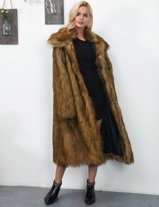 Full-body view of a stylish brown faux fur coat with a large notched collar for women