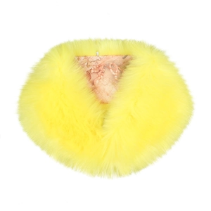 Detail of bright yellow faux fur collar with vintage printed lining and elastic loop