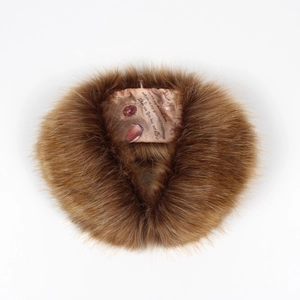 Brown faux fur scarf detail showing soft plush texture and floral satin lining print