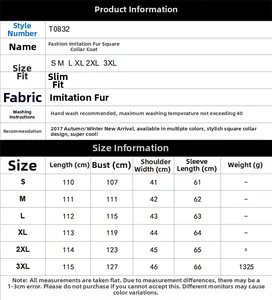 Size chart for women's square neck faux leather long coat with detailed measurements from S to 3XL