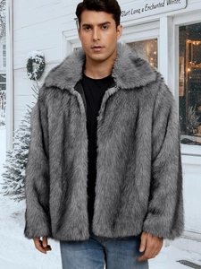 Men's grey faux fur winter jacket with wide lapels against a snowy cabin backdrop
