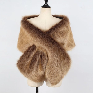 Detailed close-up of brown faux fur bridal shawl showing soft texture and crossover design