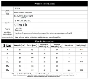 Detailed size chart for faux fur coats with measurements in S to 3XL for accurate fitting