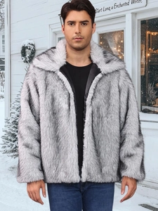 Men's winter faux fur jacket featuring a stylish grey and white gradient stripe pattern