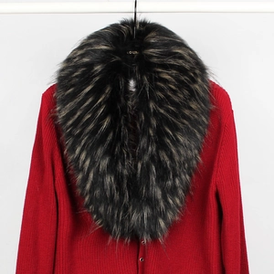 Close-up of fluffy faux fur collar on red knit cardigan with metallic buttons