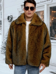 Winter men's brown faux fur jacket with lapel collar in a snowy outdoor scene
