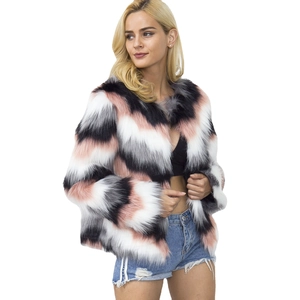 Short faux fur jacket for women with stylish pink, black and grey striped fuzzy pattern