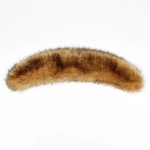 Detail of fluffy faux fox fur collar in brown and black gradient on white background