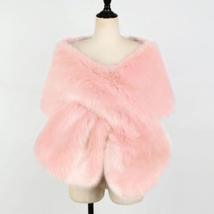 Close-up of pink faux fur bridal shawl showing soft plush texture and cross-over design