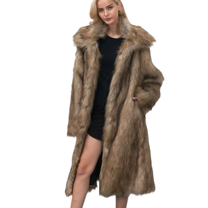 Women's long brown faux fur coat with square collar and dense artificial fur texture