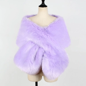 Detailed view of light purple faux fur shawl with a cross-wrap design on a mannequin