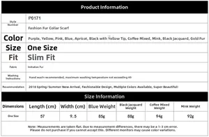 Detailed size chart for faux fur scarf including length of 57cm and material info