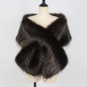 Detail view of the plush dark brown faux fur texture and the crossover design of the shawl