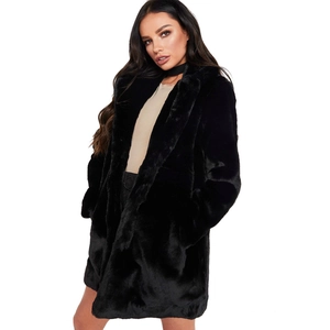 Detail view of the soft black faux fur texture and classic lapel on the long coat