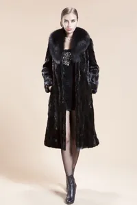Detail of luxurious black faux fur coat featuring a thick oversized collar and premium texture
