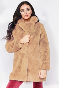 Detailed close-up of the thick camel faux fur texture and lapel design on this long coat